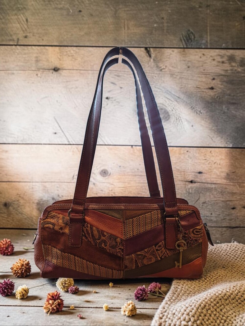 Fossil Vintage Boho Leather Patchwork Shoulder Bag